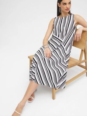 Chico's Black & White Asymmetrical Striped Sleeveless Midi Dress Size 16